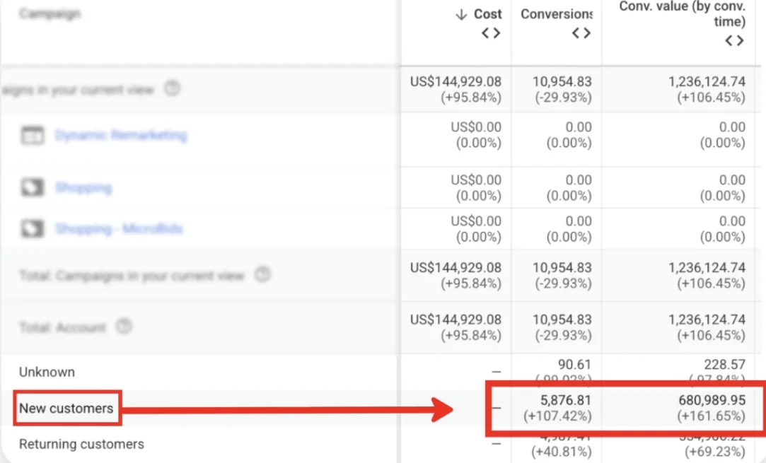 Campaign table with Shopping and Dynamic Remarketing campaigns, new customers up 107 percent and conversion value up 161 percent