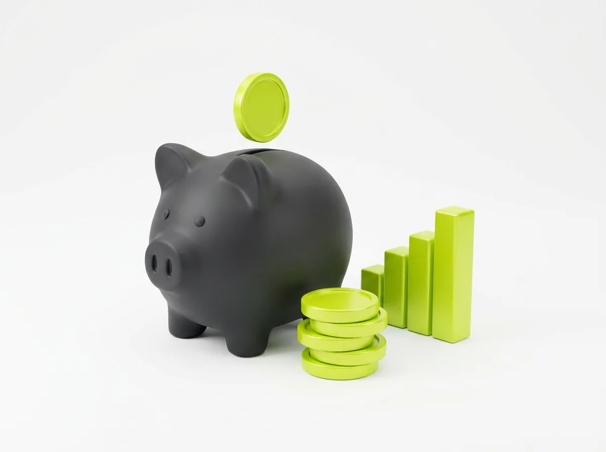 Piggy bank with lime green coins and a bar chart