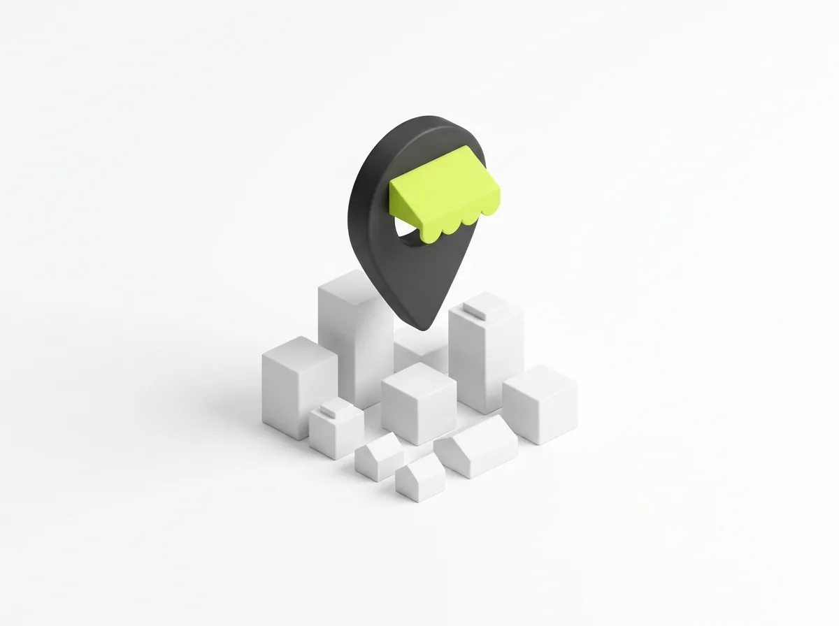 Storefront icon on a map pin above a city block
