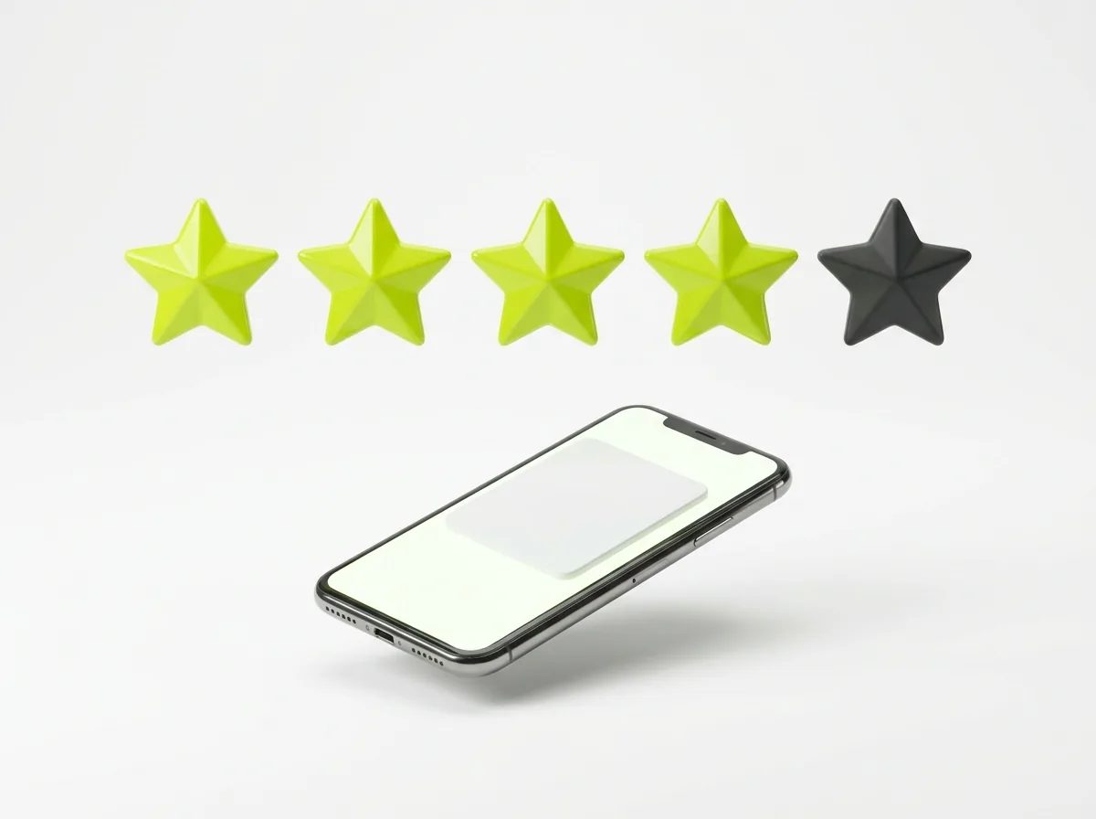 Row of lime green stars above a phone with a review card