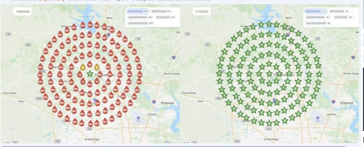 Wide-area geo-grid ranking map turning from red to green between April and July