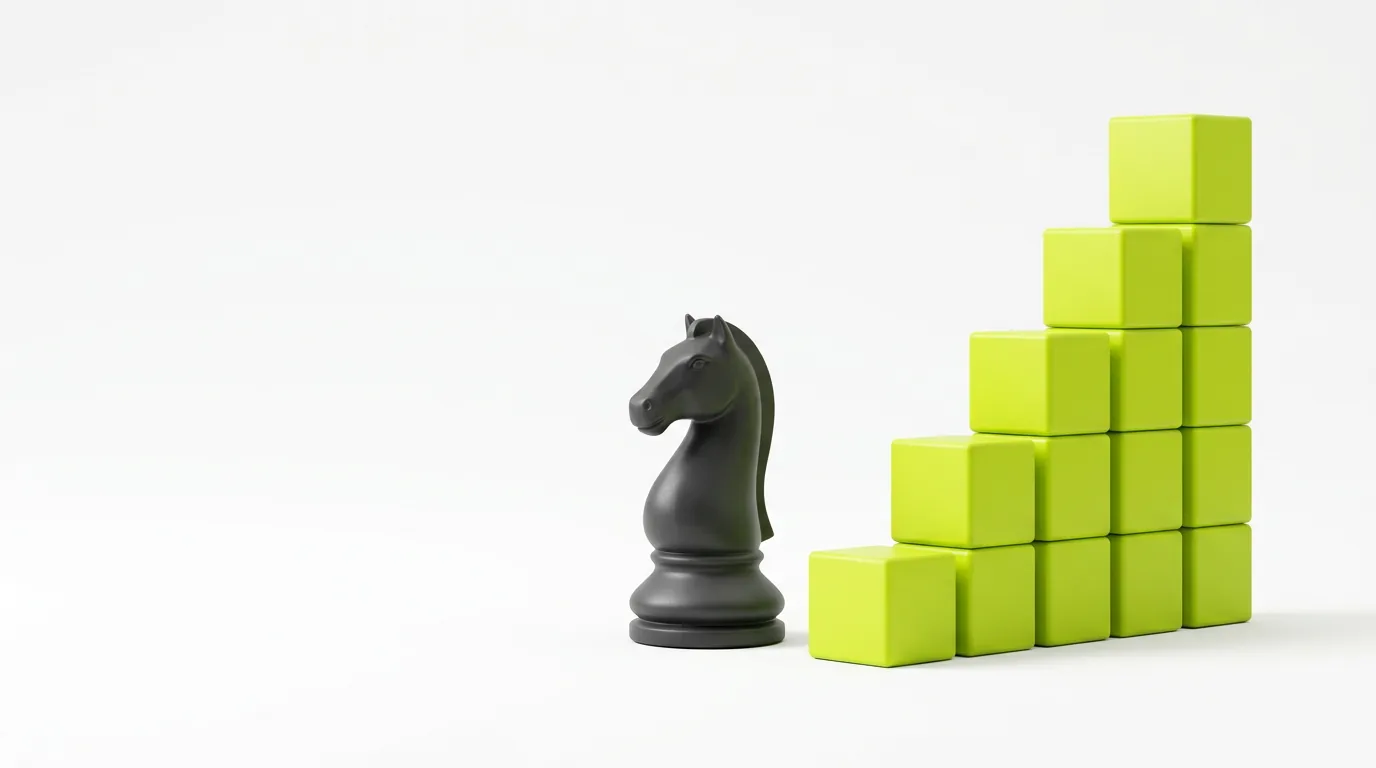 Chess piece beside a rising staircase of lime green blocks