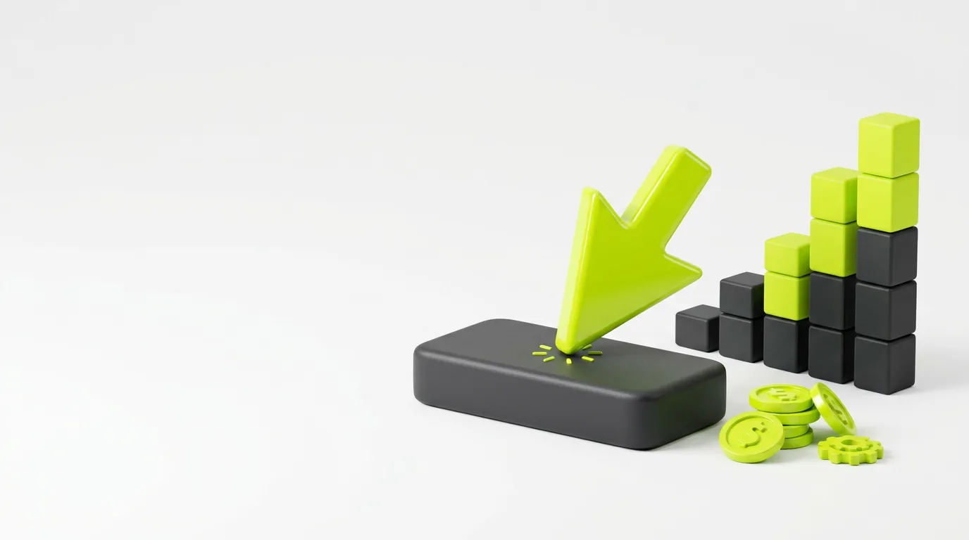Lime green cursor clicking a button beside a rising bar chart