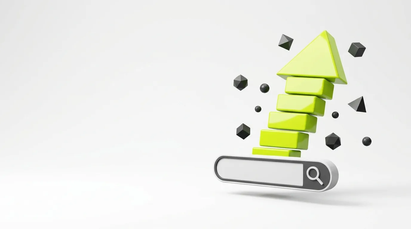 Lime green growth arrow rising out of a search bar