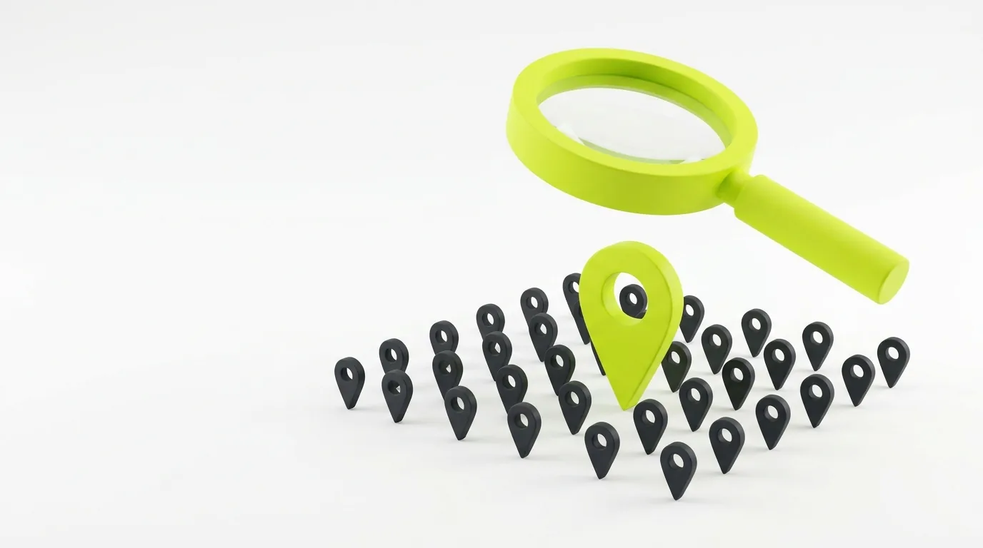 Lime green magnifying glass over a grid of map pins