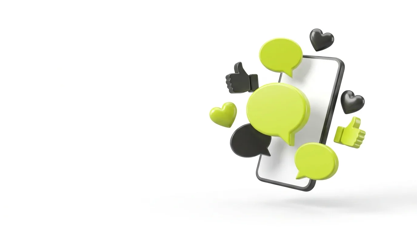 Speech bubbles and engagement icons around a smartphone