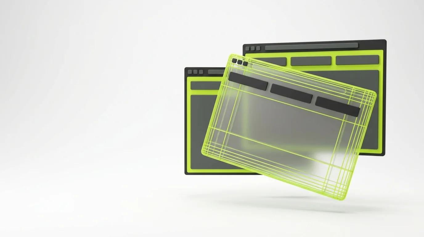 Overlapping browser windows with lime green frames