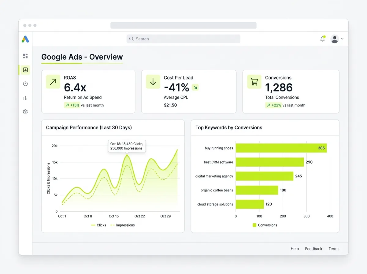 Google Ads dashboard showing 6.4x return on ad spend